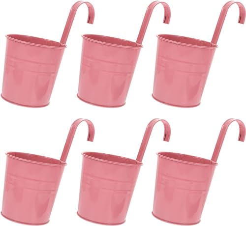 Wensmy 6Pcs Metal Iron Flower Pot Vase Hanging Balcony Fence Planters with Hooks Garden Hanging Flower Holder with Drainage Hole for Railing Fence Balcony (6Pcs Pink)