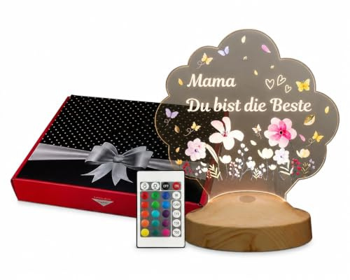 Geschenkelampe Mama Lampe „Mama Du bist die Beste“ – LED Nachtlicht & Nachttischlampe mit Fernbedienung, 16 Farben, Timer, Holzsockel, Geschenk für Mama zum Muttertag, Geburtstag & Weihnachten