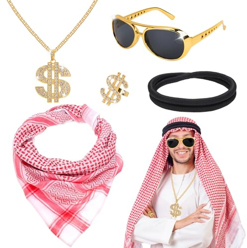 XEPST Arabisches Kostüm-Set für Herren – 5-teiliges arabisches Zubehör-Set mit Keffiyeh-Kopftuch, arabisches Stirnband für Herren, Halloween-Kostüm, Cosplay, Karneval, Verkleidung