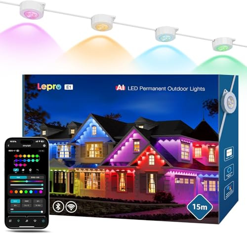 Lepro E1 Exteriores Inteligentes para Aleros, 30m 60 LEDs, Luces Ajustable | AI Permanent Outdoor Lights, IP65, RGB IC & Diseñador de Iluminación AI Personalizado, Compatible con Alexa/Google Assistant