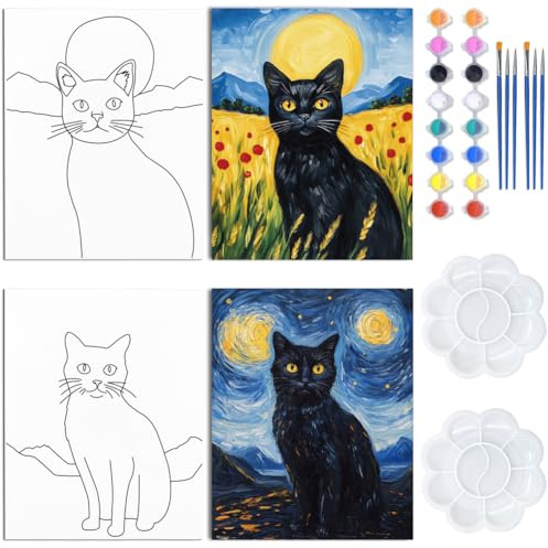 WEBEEDY Schwarze Katze Vorgemalten Leinwand Zum Malen 20x25cm Sternenhimmel Tier 2 Packung