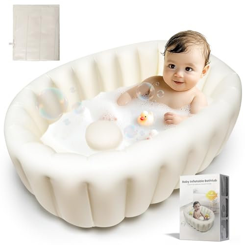 Bañera Bebe, Bañera Plegable Bebé Hinchable Bañera Portátil de Viaje para Bebés sin Bomba de Aire, Bañera Hinchable Plegable Portátil Adecuado Para Bebés y Niños de 0 a 24 Años (Blanco)