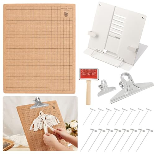 AHANDMAKER 12x16 Inch Macrame Board Set, Macrame Board and Metal Adjustable Holder with 100Pcs T Pins & 2 Clips, Macrame Brush Comb, Macrame Supplies Double Sided Grids Macrame Project Board