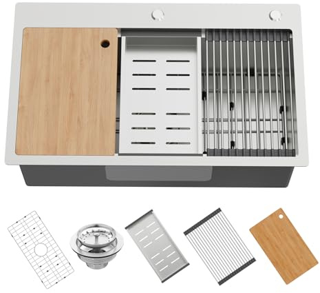 Kitchen Sink Workstation,30x18 Stainless Steel Drop In Single Bowl Sink Built-in Ledge Topmount Workstation Sink Design For Placing/Sliding Accessories-Cutting Board And Drying Rack,Colander