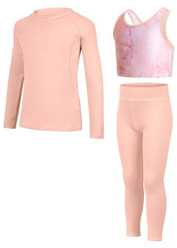 JiAmy Yogabyxor för flickor, atletiska leggings, träningskvättar, set för barn, gym, magtröja, träningskläder, set för 5-12 år, Rosa, 5-6 År