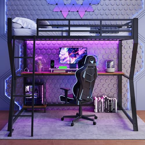 Kebnor Hochbett, 90 * 200cm, Computerkonsolenablage, Schreibtisch, Geländer, Treppe（ohne Matratze） (Schwarz)