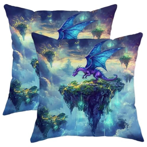 Fantasy Dragon - Juego de 2 fundas de almohada con diseño de dragón con alas azules, fundas de cojín cuadradas decorativas mágicas para el hogar, sofá, cama, sofá, 18 x 18 pulgadas