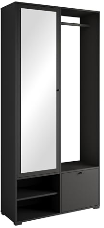 MINIO go for it - Garderobe DAFNI 90 cm Breit Flurgarderoben Set | mit Spiegel, Garderoben Set mit Ablage und Schuhschrank, Garderobenschrank Flur, Vorzimmer Möbel (Schwarz)