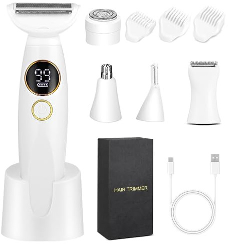 PLLYPE Maquinilla de afeitar para mujer, 5 en 1, afeitadora íntima para mujer, depiladora facial para mujer, afeitadora eléctrica con estación de carga USB, IPX7 resistente al agua para cuerpo, axilas