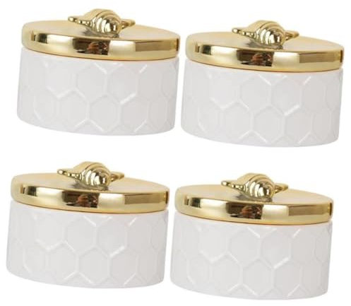 WRITWAA 4pcs Box Ceramic Jewelry Storage Box Bee Lid Decorative Organizer for Necklaces Earrings Rings for Living Bedroom