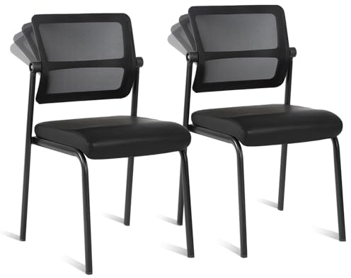 CLATINA Wartezimmerstuhl Besucherstuhl aus Kunstleder Stapelbarer Konferenzstuhl Verstellbare Rückenlehne ohne Armlehnen Mesh Rücken Ergonomische Lendenunterstützung für Büro Schwarz, 2er-Set