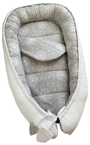LOOLAY Babynest 85 cm x 60 cm - Baby nestchen aus Waffelpique Bio- Baumwolle -Babynestchen Neugeborene Handmade EU - Grau/WeiB