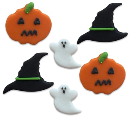 Anniversary House Pack 6 Halloween Edible Cake Decorations, Handcrafted Cake Toppers, Edible Fondant Icing Sugar Cupcake Toppers, Pumpkin, Ghost, Witch Hat designs SFX384