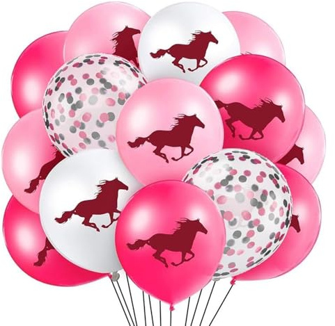 Ovanda 24 Pferd Luftballons 30cm Rosa Konfetti für Kindergeburtstag Cowgirl | Aus Latex, für Luft oder Helium; mit laufendem Pferdemotiv für Cowgirl Party, Pferde Mottoparty, Fotos und Innen Außendeko.