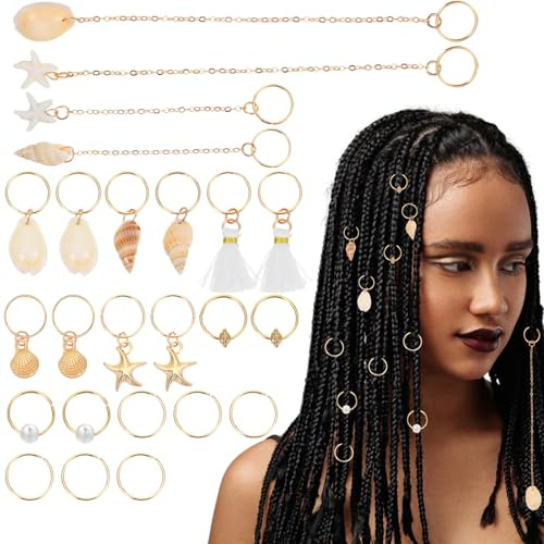 Ouligay 24pcs Gold Hair Jewellery for Braids, Seashell Gold Hair Accessories Rings Cuffs for Braids Women, Beach Seashell Dreadlock Accessories Festival