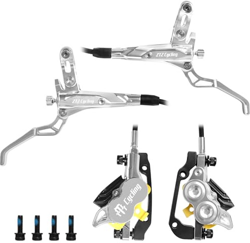 MTB Hydraulic Disc Brake Set 4 Pistons Front 850mm and Rear 1580mm Hydraulic Brakes with Aluminum Alloy Lever with Caliper Ceramic Brake Pad Fit Mountain Bike, Ebike, Fat Bike(Pre-Bled)(Silver）