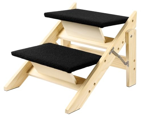 Okydoky Holz-Haustiertreppe, Hunderampe mit 2-Stufen, Faltbare Hundetreppe für hohe Betten Autos Couch, Langlebige hölzerne Haustiertreppe für kleine mittlere große Hunde（BK）