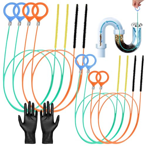 9 Piezas Juego de Alambre Desatascador Tuberias Flexible, Cable Desatascador Tuberias Reutilizable de Alambre de Acero, 8 Drain Snake, 1 Guantes, para Limpiar Pelos de Tuberías (81 CM, 90 CM, 130 CM)