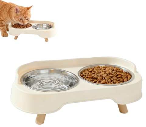 Ciotola per gatti rialzata, set elevato di cibo per gatti e ciotola per acqua con paraspruzzi, 2 ciotole in acciaio inox H per gatti e cuccioli, protezione per l'affaticamento della barba e lavabile