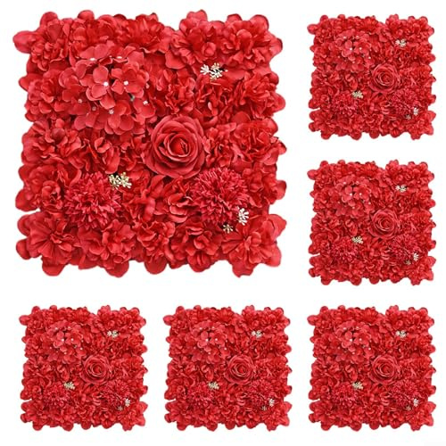 Yhenlovtt Künstliche Blumen-Wandpaneele, 3D-Blumen-Hintergrund mit Seidenrosen und Hortensien für Hochzeit, Party, Fotobereich oder Heimdekoration, 38,1 x 38,1 cm, Rot, 6 Stück