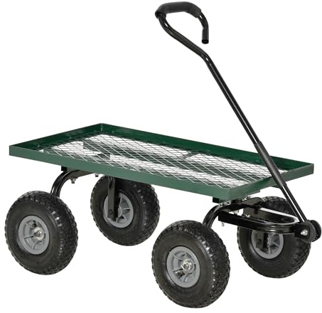 Outsunny Garden Trolley Cart, Heavy Duty Garden Cart with Metal Frame, 10 Pneumatic Wheels, Rotating Handle, 150kg Capacity, for Garden, Farm, Green