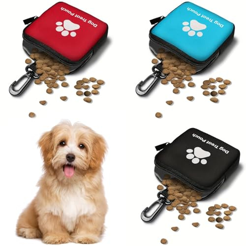 Tniytru 3-Piece Small Dog Treat Pouch Set (Red, Black, Blue) | Unlined dog treat bags for walking and pet training. Single-sided pattern. Practical dog walking bag accessory.