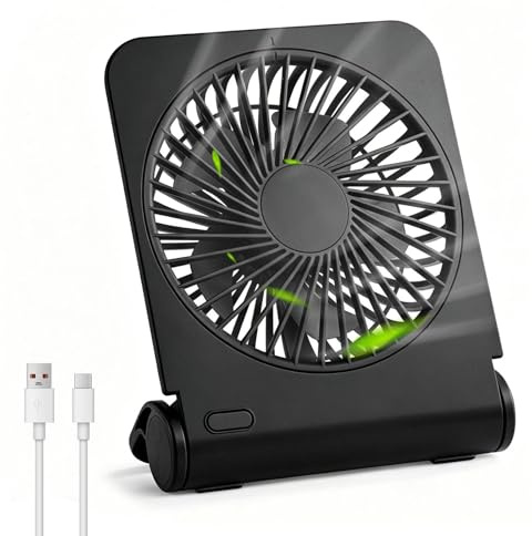 LAIVIYA Ventilador De Mano Recargable Con Soporte, 4 Velocidades | Conexión USB-C (Incl. Cable USB-A), Mini Ventilador USB Silencioso Para Oficina, Dormitorio Y Hogar (Negro)