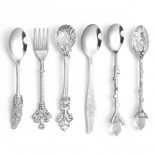 Espressolöffel Silber 6er Set Lebensmittelecht, Vintage Kaffeelöffel Retro Design für Kaffee Dessert, Antike Kleine Teelöffel Geschnitzt, Elegantes Besteck Set für Tasse Gläser Bar