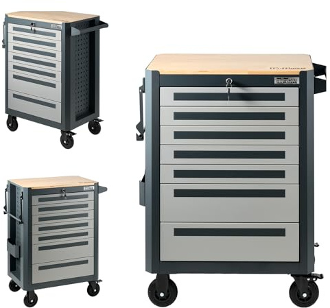 TRUTZHOLM Werkstattwagen 99x82 cm Werkzeugwagen leer mit 7 Schubladen, Holzarbeitsplatte, rollbar, Werkzeugschrank mit Rollen, Papierrollenhalter, Steckfach, Anthrazit Grau
