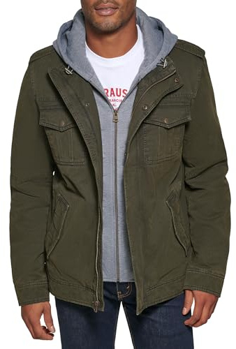 Levi's Men's Washed Cotton Military Jacket with Removable Hood (Standard and Big & Tall), Olive, Medium