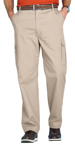 Chums Men's Cotton Cargo-Style Trousers with Side Elastic Waist, Functional and Comfortable Smart Casual Outdoor Pants Stone 46W / 29L