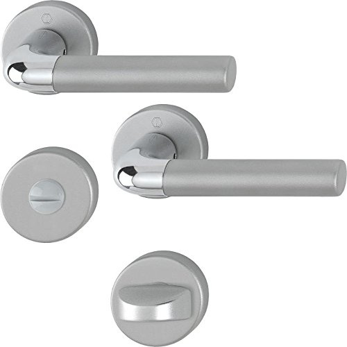 Hoppe Bremen Aluminium Rosettengarnitur, F49 / F9-2 verchromt / Alu Stahl matt, 1505/42KV/42KVS, SK/OL Schlitzkopf/Olive, Bad/WC-Garnitur (Griff/Griff)