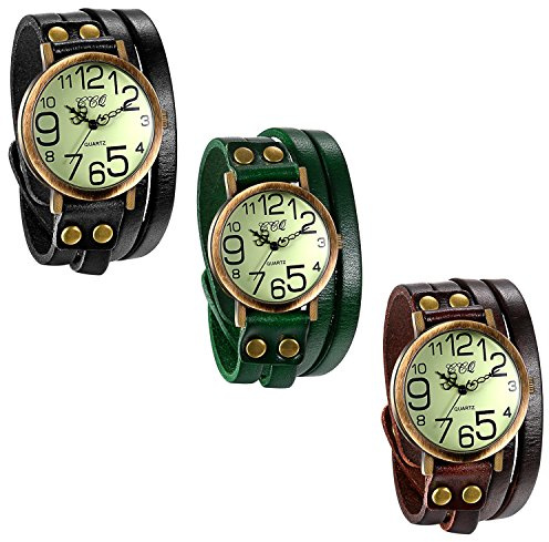 JewelryWe Herren Damen Armbanduhr, Leder Armband Wickelarmband, Casual Retro, Analog Quarz Uhr, Vintage grünes Digital Zifferblatt, 3 Farben