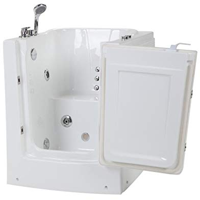Senioren Whirlpool Badewanne 95x85 cm zum sitzend Baden für Altenpflege mit Armaturen Seniorenbadewanne mit 7 Massage Düsen + LED Beleuchtung + Tür Wanne Spa indoor/innen für Pflege