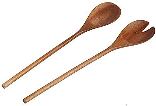 CLQ Ensemble de cuillère et Fourchette de Serveur à Salade en Bois, idéal pour remuer, Cuire au Four, Cuisiner Une cuillère à Riz Japonaise en Bois Massif Vaisselle en Bois