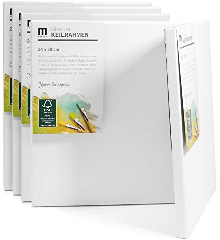 10er-Set 24x30cm Künstler-Leinwand Canvas zum Bemalen. Die leere, weiße Leinwand aus 100% Baumwolle ist umlaufend aufgespannt auf FSC® Holz-Keilrahmen mit 17mm Stärke, 280g/m², 2-fach weiß grundiert
