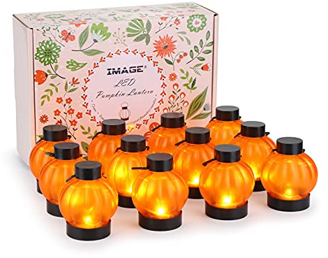 IMAGE 12 Stück Kürbis Teelichter LED Halloween Kürbislaterne flackernde mini Orange Pumpkin Kerze mit Batterie Deko für Halloween Weihnachten Party Außen