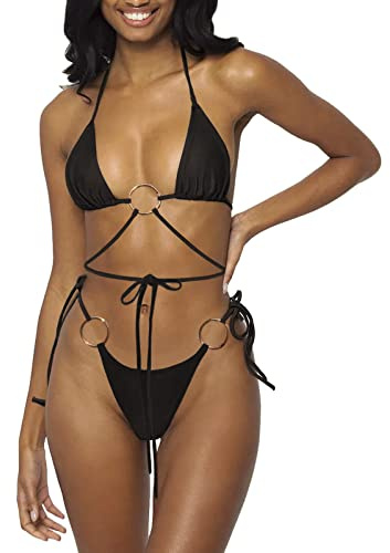 MIYOUJ Bikini da Donna con Perizoma Sexy, in Tinta Unita, Nero, S