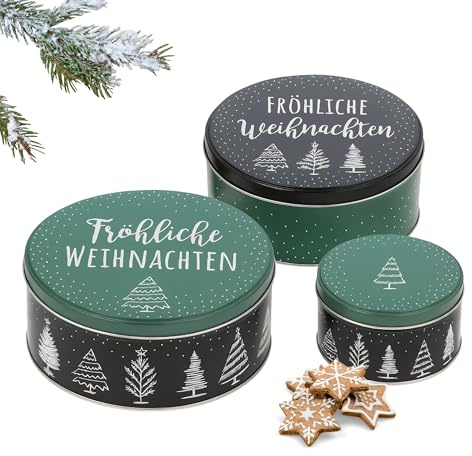 Brandsseller Juego de 3 latas para galletas de metal – redondas, apilables y con tapa – aptas para alimentos, ideales para guardar dulces, galletas y pastas navideñas – diseño Navidad
