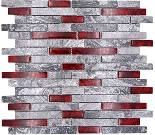 Naturstein Glasmosaik grau mit rot glänzend Wand Küche Bad Dusche - 1 Matte