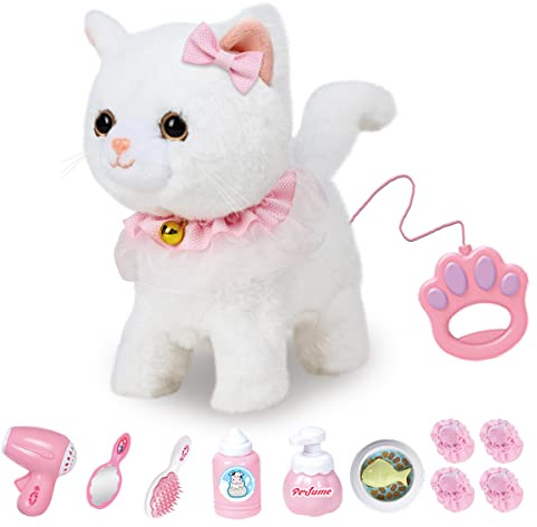 RuiDaXiang Jouet Électronique en Peluche pour Chat Interactif Réaliste - Télécommandé, Marchant, Aboyant et Remuant la Queue - Avec Accessoires (Blanc)