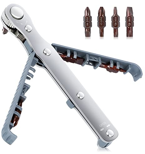 ANBEISTEE Cacciavite a Cricchetto, ad Alta Coppia di Serraggio Strumento EDC ad Angolo Retto con Impugnatura Reversibile a 90 Gradi e 4 Punte Multifunzione da 1/4 di Pollice
