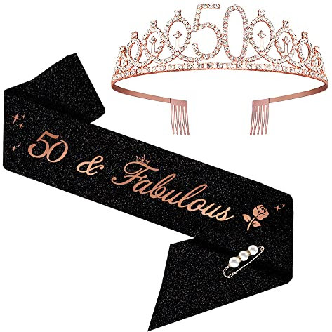 Moitkptt 50 & Fabulous Diademe Princesse Reine Decoration Anniversaire - Décoratif pour 50 Ans (Or rose)