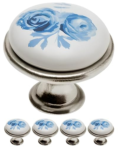 Gedotec Möbelknöpfe | Porzellan und Metall | Ø 26,5 mm I 5 Stück | Türknopf für Schränke - Silber antik Blaue Rose inkl. Befestigungsmaterial I OLGA I Knöpfe für Küchenschränke