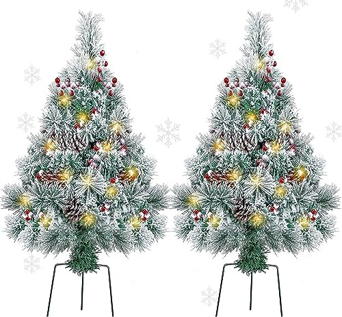 Set of 2 Outdoor Christmas Trees Decorations, 76.2cm Pre-lit Flocked Xmas Pathway Tree with Ornaments, Lighted White Artificial Entrance Trees,Battery Operated Potted Tree for Porch Yard Outside Decor