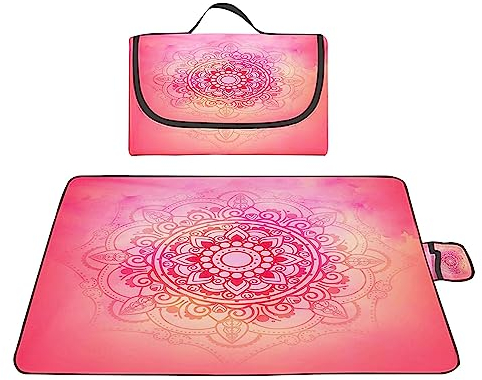 Picknickdecke 200x200cm,XXL Picknickdecke mit Wasserdichter Unterseite,Outdoor Stranddecke Sandfrei,mit Tragegriff Faltbare Picnic Blanket für Camping,Strand,Park,Familie,Konzerte Rosa Mandala-Blume