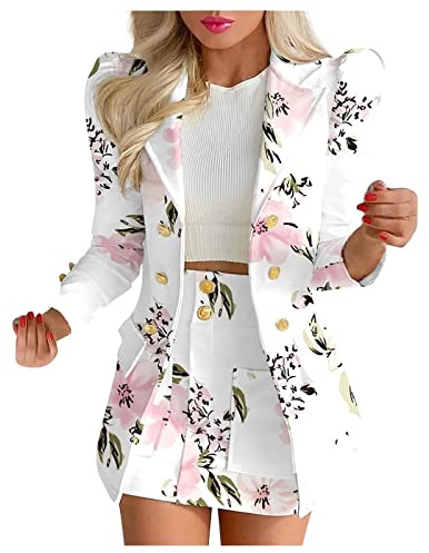 NUSGEAR 2023 Traje de 2 Piezas Mujer Moda Blazer un Pecho y Faldas corto Otoño Verano Ajuste Slim Fit Oficina Negocios Fiesta Elegante Cena Casual color sólido Traje Chaqueta