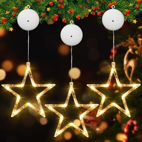 MULEVIP Deco de Noël Interieur, Rideau Lumineux Étoiles 3PCS LED, Fenêtre Décorative, Guirlande Lumineuse avec Ventouses pour Décoration