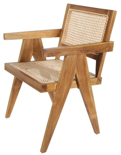 Casa Moro Esszimmerstuhl mit Armlehne, Stuhl Teakholz Rattan Braun Beige
