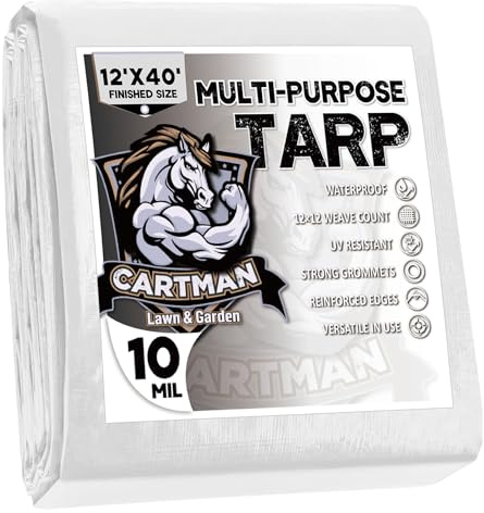 CARTMAN Finished Size 12x40 Feet 10 Mil White Heavy Duty Poly Tarp, Multipurpose Protective Cover, UV Resistant, Waterproof Poly Tarpaulin with Reinforced Edges Tarpaulin with Reinforced Edges